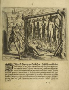 Bartholomé de Las Casas - "Kurtze Erklärung der fürnembsten Thaten, so durch die Spanier beschehen", plate 1, 1599.