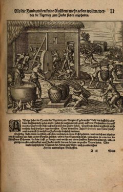 Illustration of sugar production, plate 2 from Girolamo Benzoni's book "Americae Das Fünffte Buch" published in 1595.