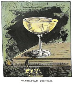 The first illustration of a Manhattan Cocktail from Harry Lamore's book "The Bartender or How to Mix Drinks" from 1888.