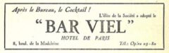 Advertisement of the Bar Viel. Cocktails de Paris, 1929.