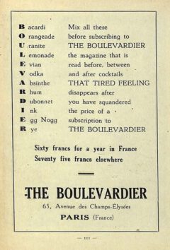 Boulevardier advertisement. From Harry McElhone's book "Barflies and Cocktails", 1927.