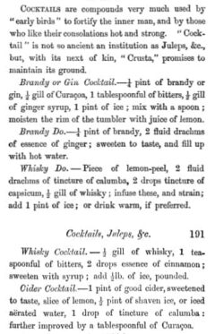 Cocktails. William Terrington, Cooling Cups and Dainty Drinks, 1869, page 190-191.