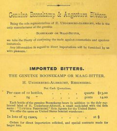 Advertisement for Boonekamp by Underberg. Jerry Thomas, The Bar-Tender's Guide, 1876, 1883 edition.