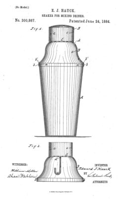 E. J. Hauck: Shaker for mixing drinks. Patent from 24. June 1884.