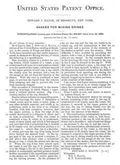E. J. Hauck Shaker for mixing drinks. Patent from 24. June 1884, description.